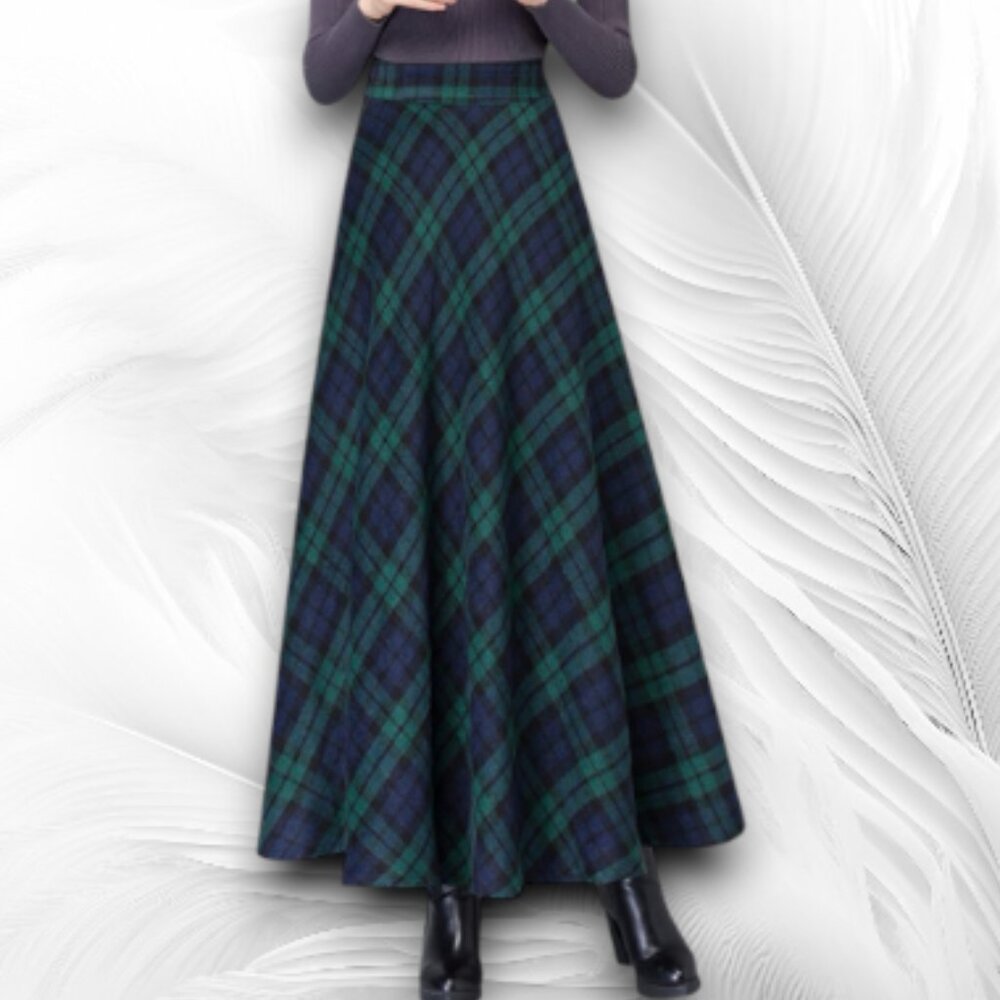 Green & Navy Tartan Plaid A-Line Skirt With Elastic Waist